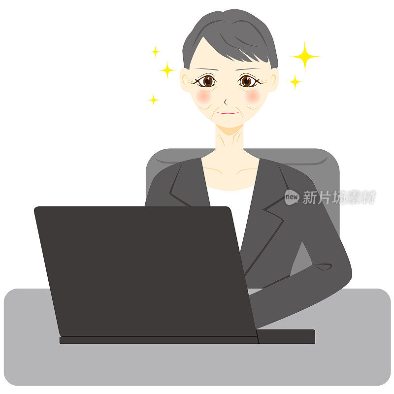 Middle aged woman using computer. Vector illustration